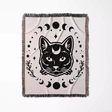 Celestial Cat with Moon Phases Woven Throw Blanket - DesignerOllie.com