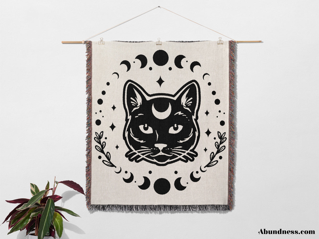 Celestial Cat with Moon Phases Woven Throw Blanket