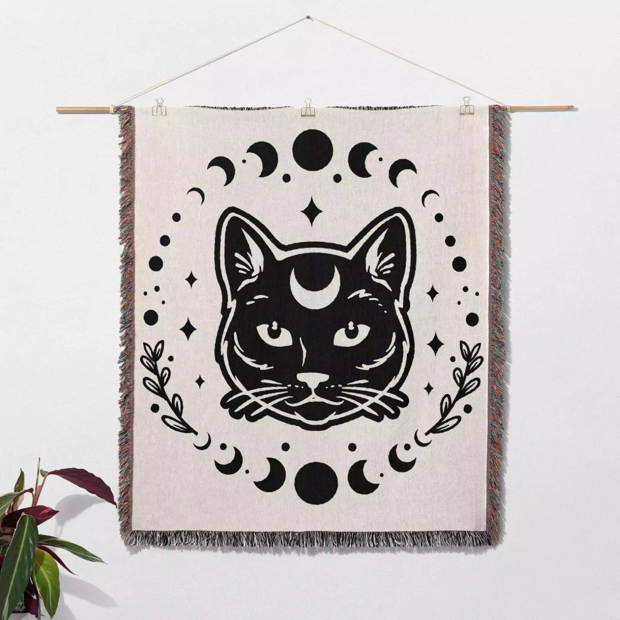 Celestial Cat with Moon Phases Woven Throw Blanket - DesignerOllie.com