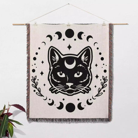 Celestial Cat with Moon Phases Woven Throw Blanket - DesignerOllie.com