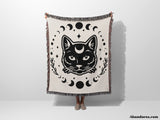 Celestial Cat with Moon Phases Woven Throw Blanket