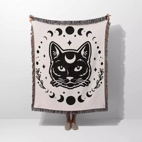 Celestial Cat with Moon Phases Woven Throw Blanket - DesignerOllie.com
