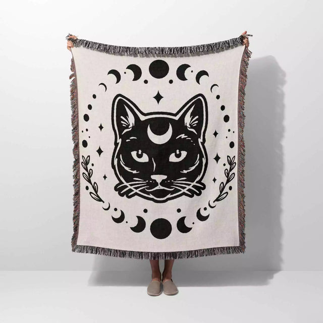 Celestial Cat with Moon Phases Woven Throw Blanket - DesignerOllie.com