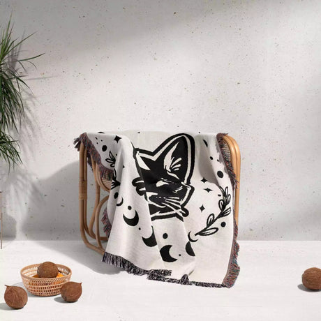 Celestial Cat with Moon Phases Woven Throw Blanket - DesignerOllie.com