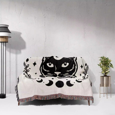 Celestial Cat with Moon Phases Woven Throw Blanket - DesignerOllie.com