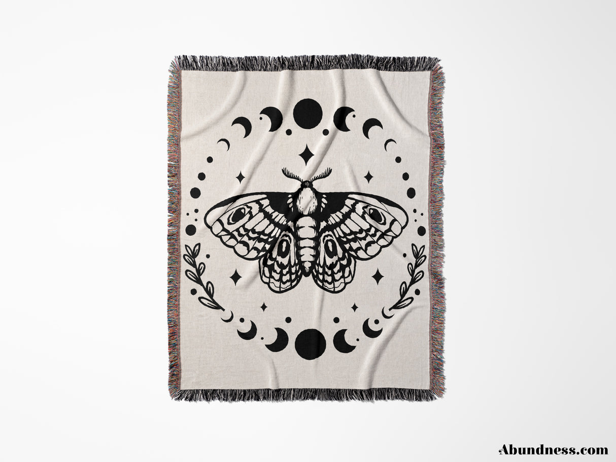 Celestial Moth with Moon Phases Woven Throw Blanket