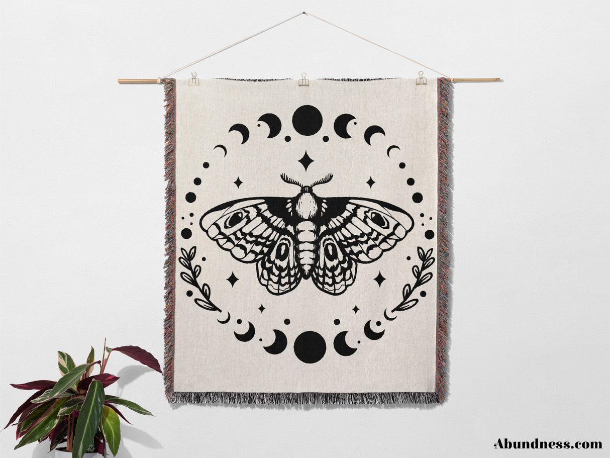 Celestial Moth with Moon Phases Woven Throw Blanket