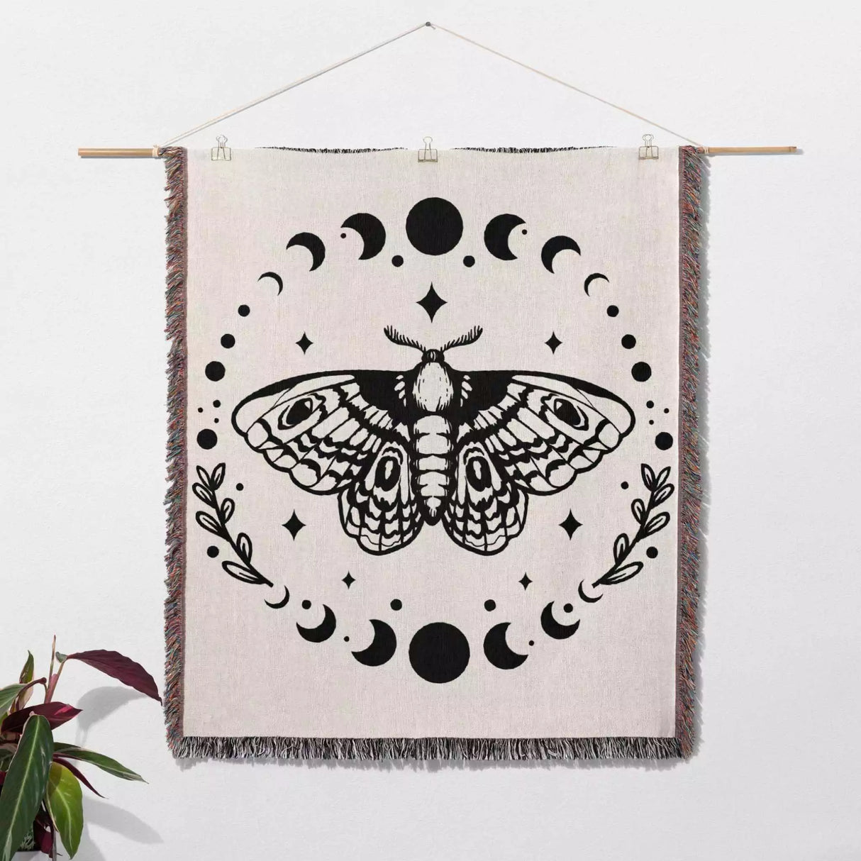 Celestial Moth with Moon Phases Woven Throw Blanket - DesignerOllie.com