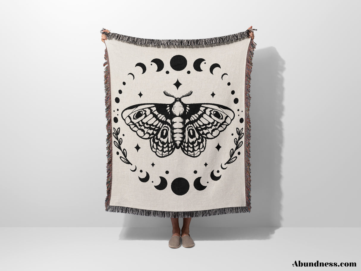 Celestial Moth with Moon Phases Woven Throw Blanket