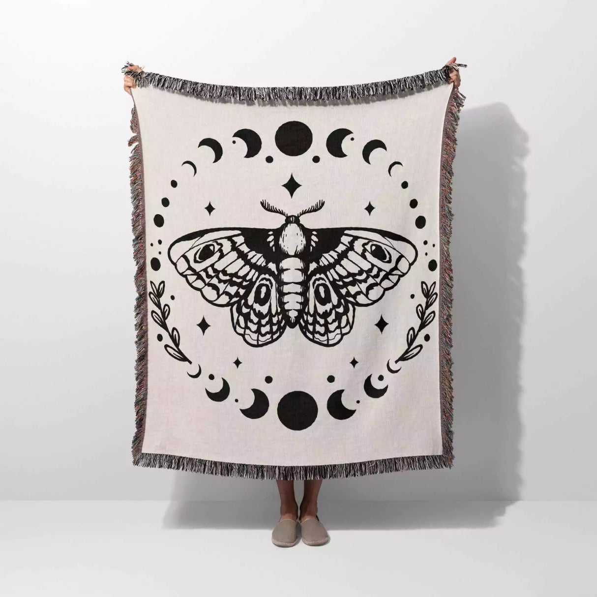 Celestial Moth with Moon Phases Woven Throw Blanket - DesignerOllie.com