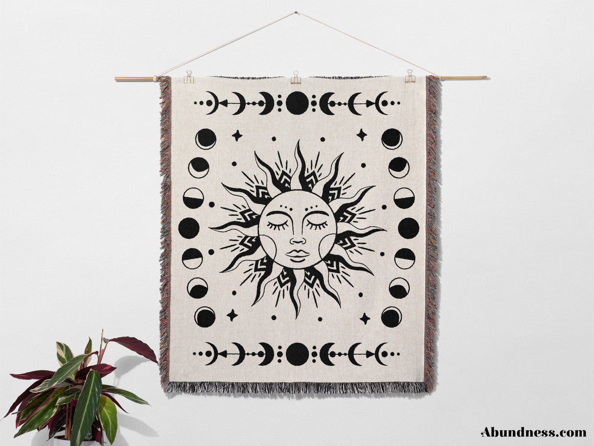 Celestial Sun and Moons Woven Throw Blanket