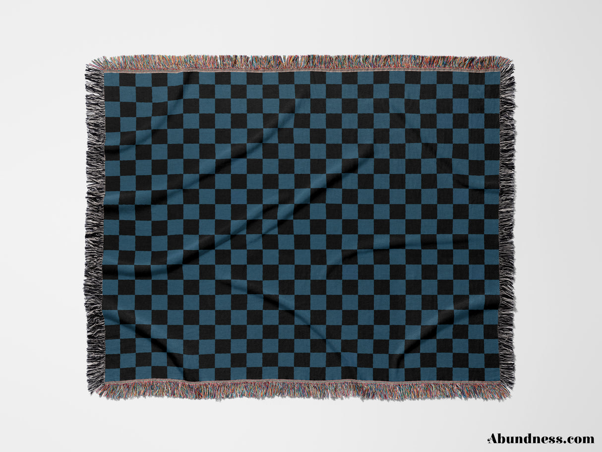 Checkered Black and Blue Woven Throw Blanket and Tapestry