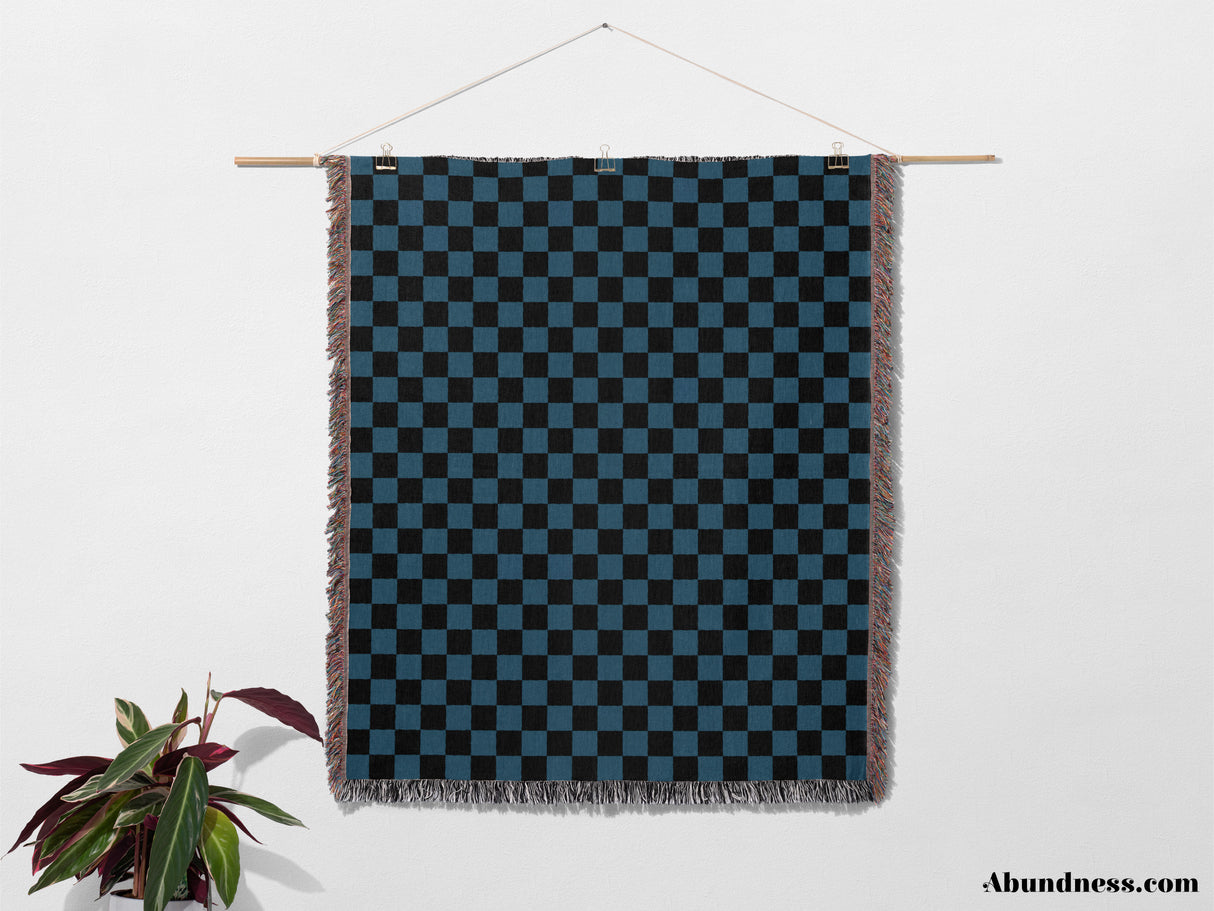 Checkered Black and Blue Woven Throw Blanket and Tapestry