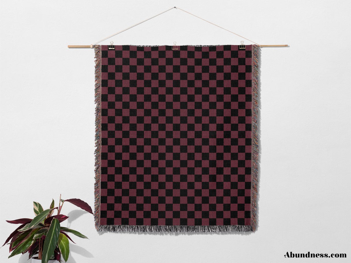 Checkered Black and Bordeaux Woven Throw Blanket and Tapestry