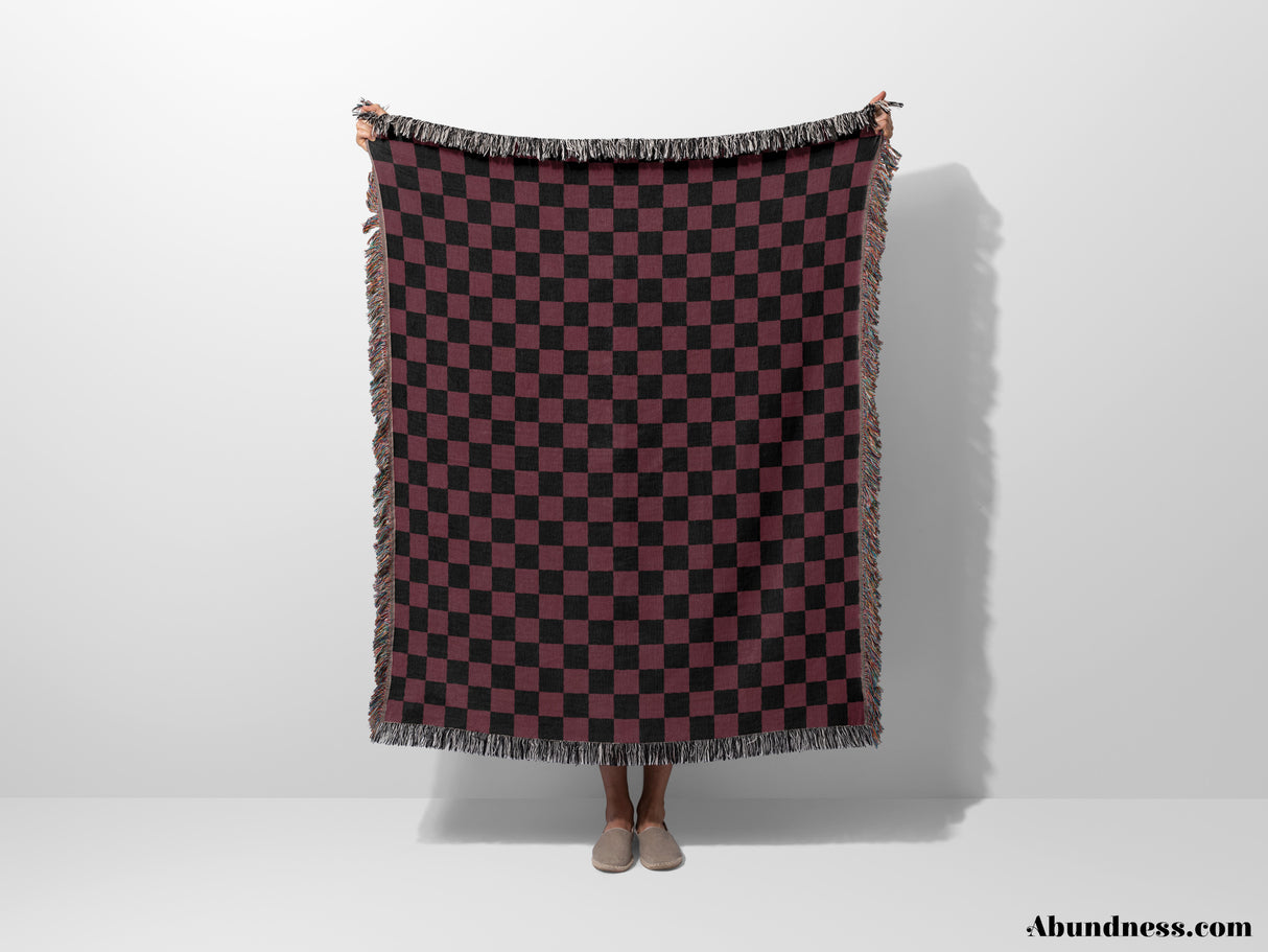 Checkered Black and Bordeaux Woven Throw Blanket and Tapestry