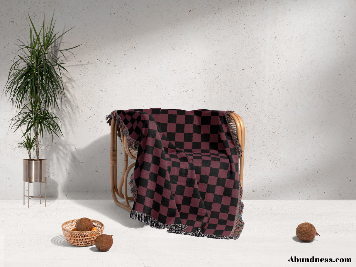 Checkered Black and Bordeaux Woven Throw Blanket and Tapestry