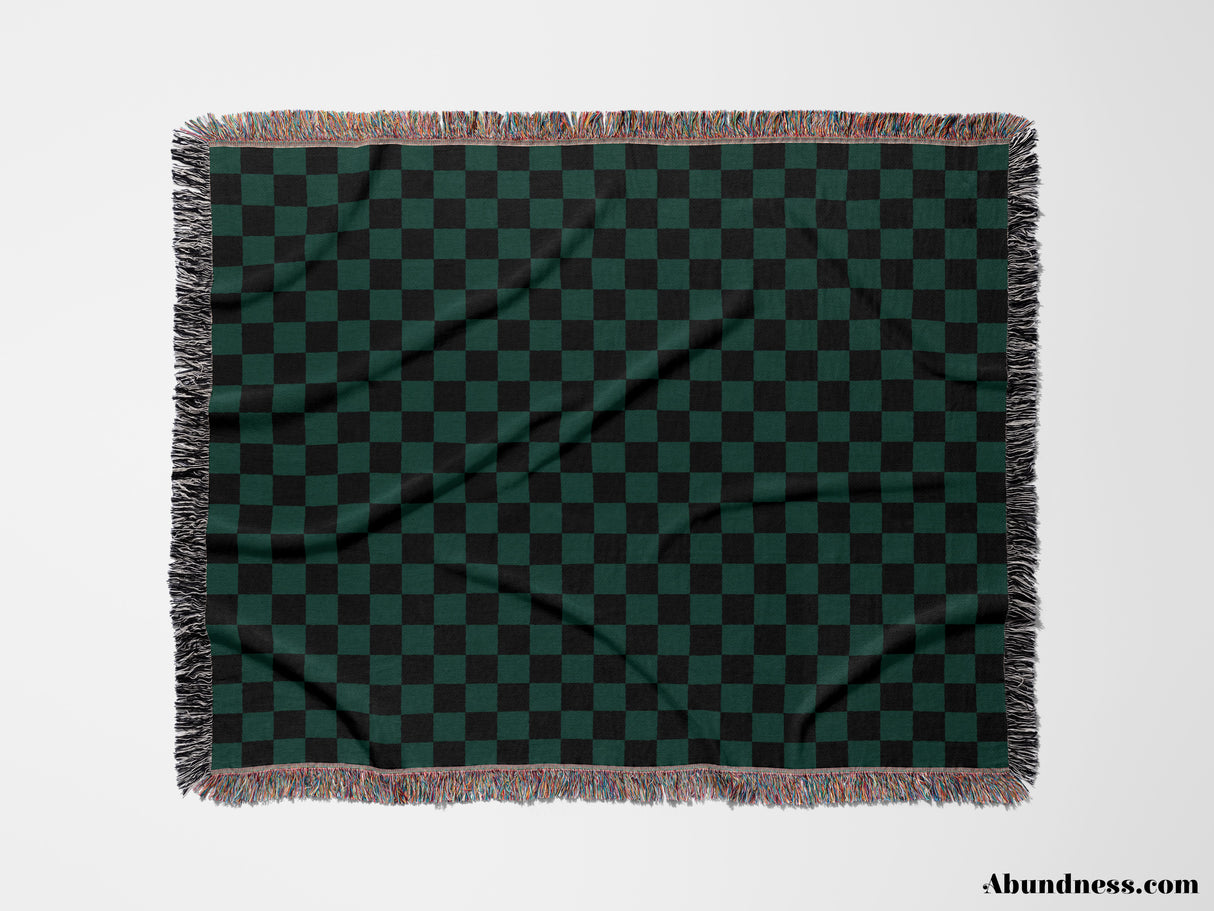 Checkered Black and Forest Green Woven Throw Blanket and Tapestry