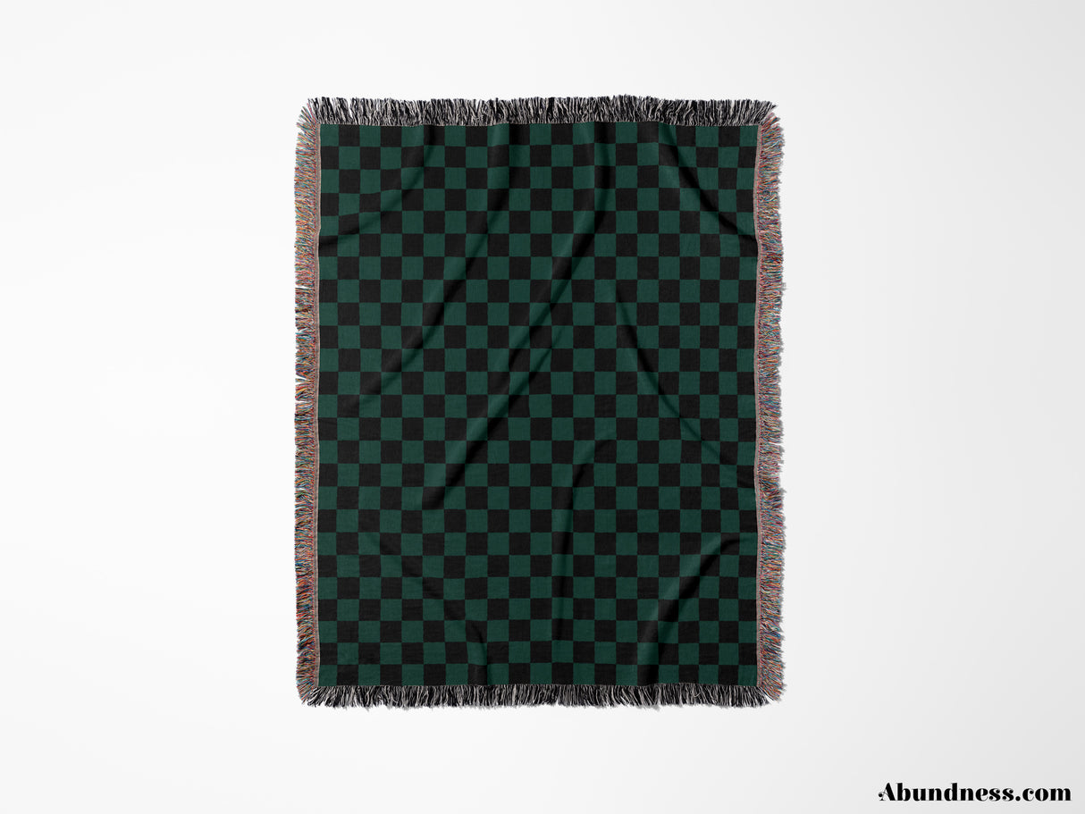 Checkered Black and Forest Green Woven Throw Blanket and Tapestry