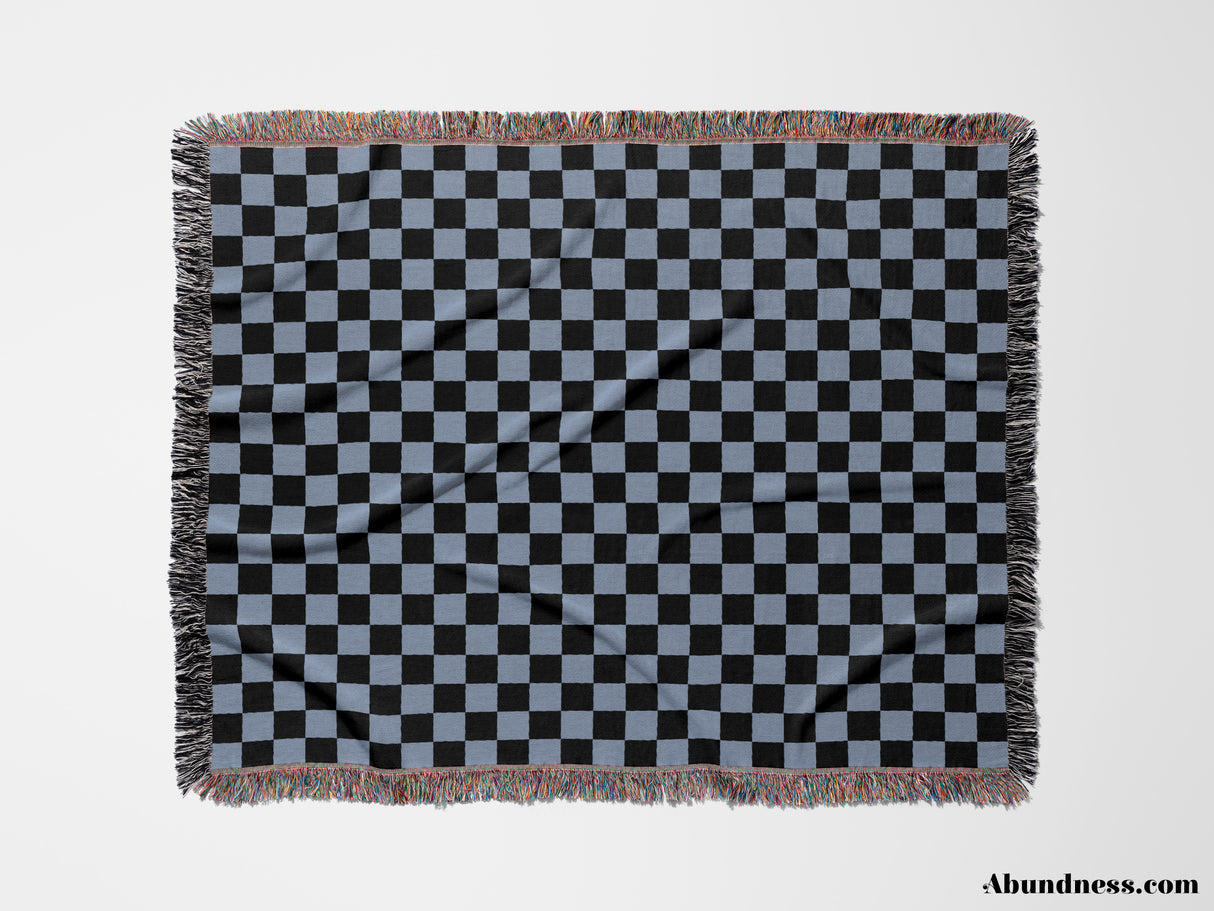 Checkered Black and Light Blue Woven Throw Blanket and Tapestry