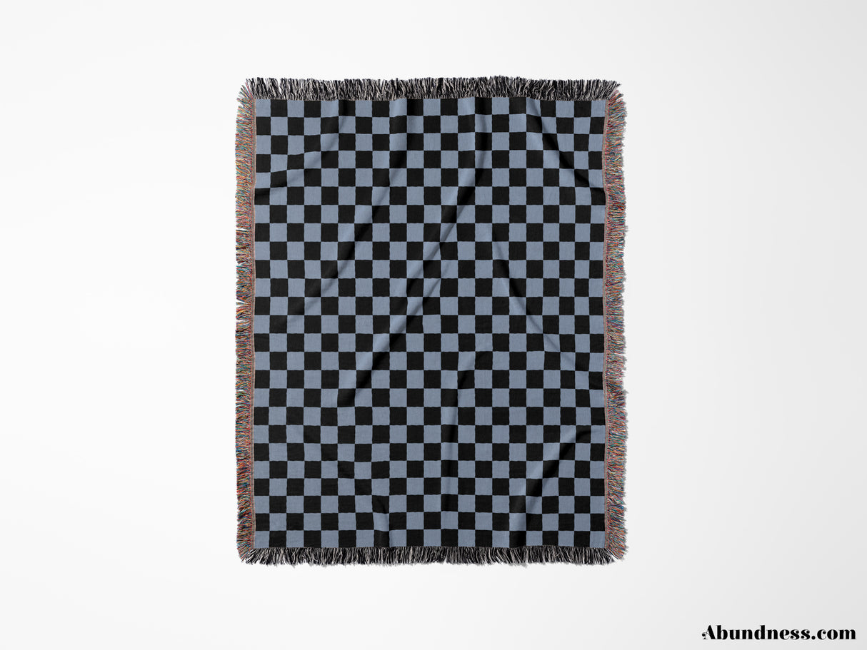 Checkered Black and Light Blue Woven Throw Blanket and Tapestry