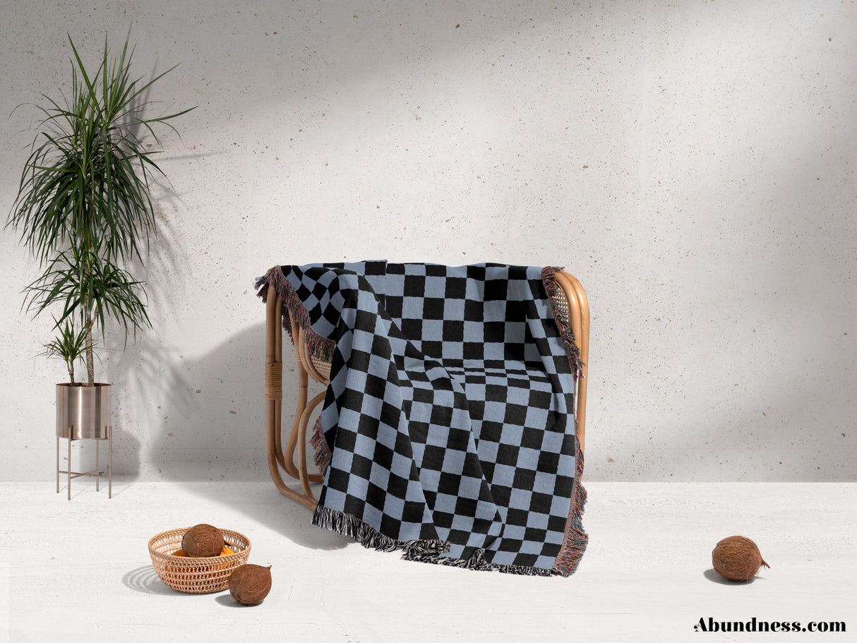 Checkered Black and Light Blue Woven Throw Blanket and Tapestry