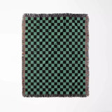 Checkered Black and Light Green Woven Throw Blanket and Tapestry - DesignerOllie.com