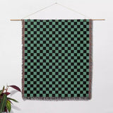 Checkered Black and Light Green Woven Throw Blanket and Tapestry - DesignerOllie.com