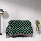 Checkered Black and Light Green Woven Throw Blanket and Tapestry - DesignerOllie.com