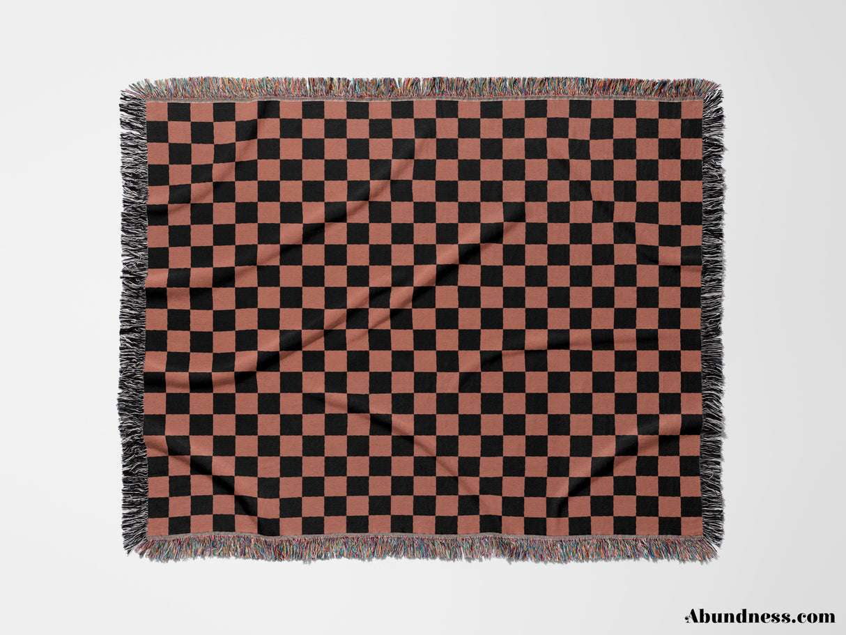 Checkered Black and Light Red Woven Throw Blanket and Tapestry