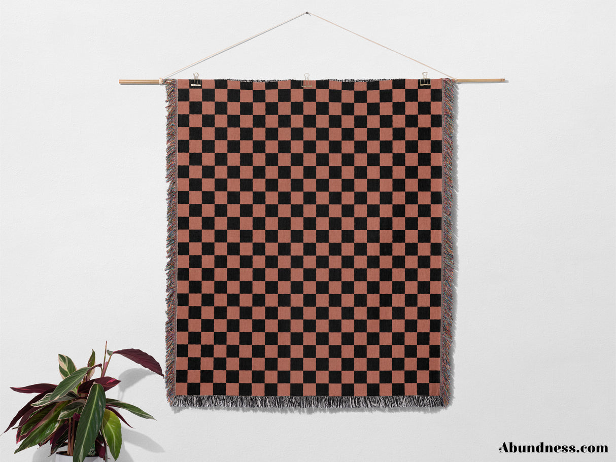 Checkered Black and Light Red Woven Throw Blanket and Tapestry