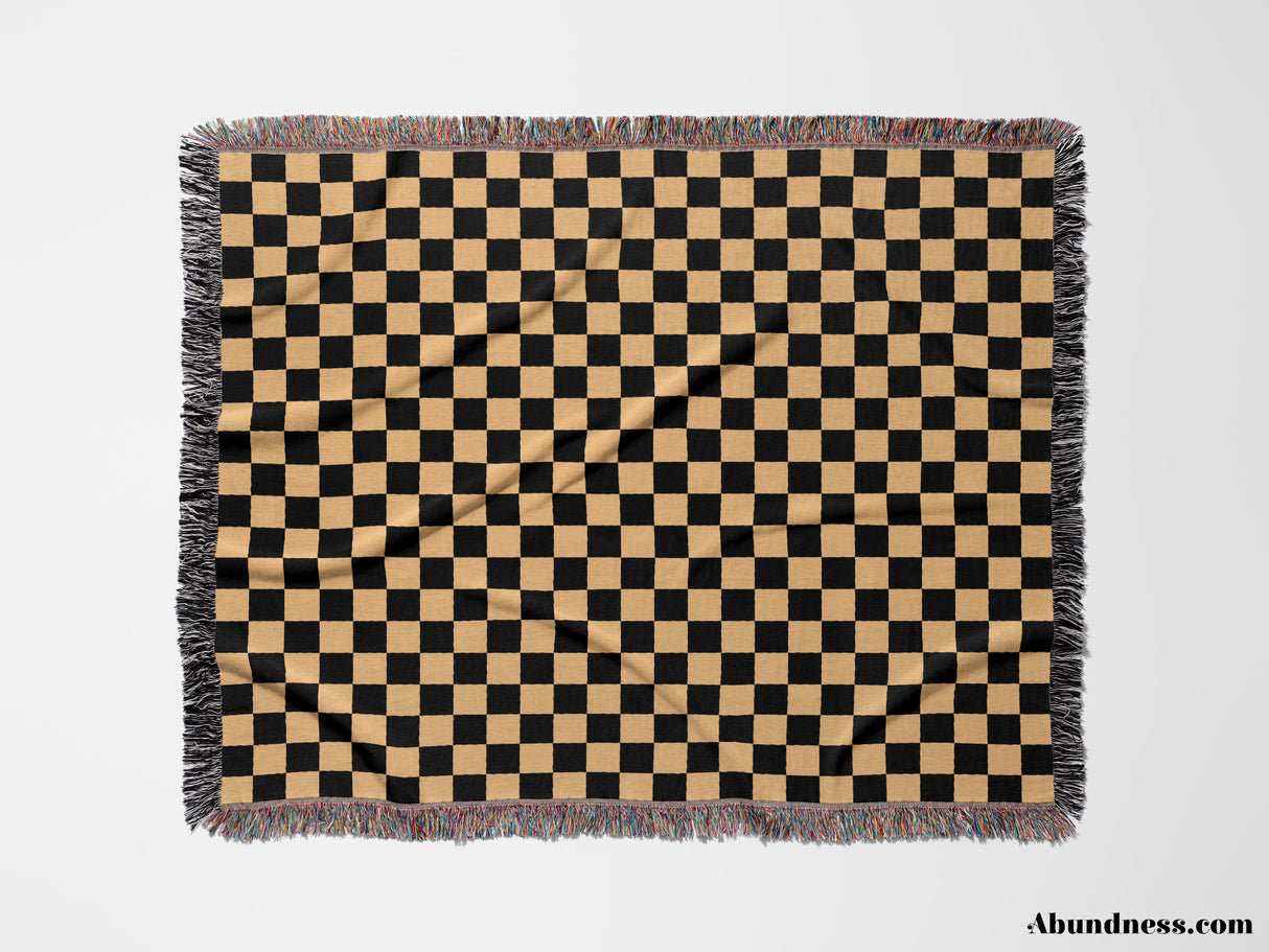 Checkered Black and Orange Woven Throw Blanket and Tapestry