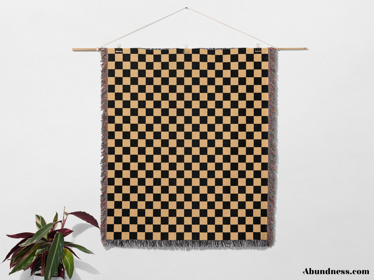 Checkered Black and Orange Woven Throw Blanket and Tapestry