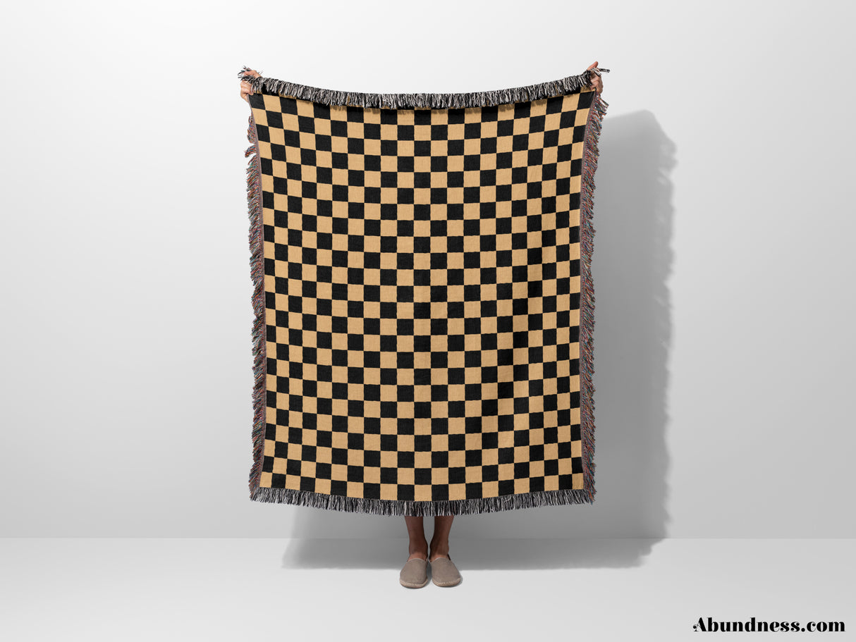 Checkered Black and Orange Woven Throw Blanket and Tapestry