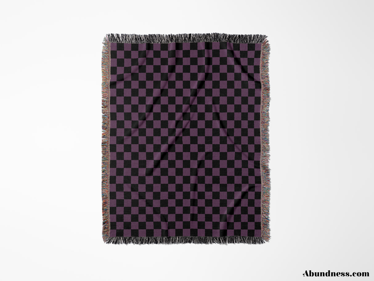 Checkered Black and Purple Woven Throw Blanket and Tapestry