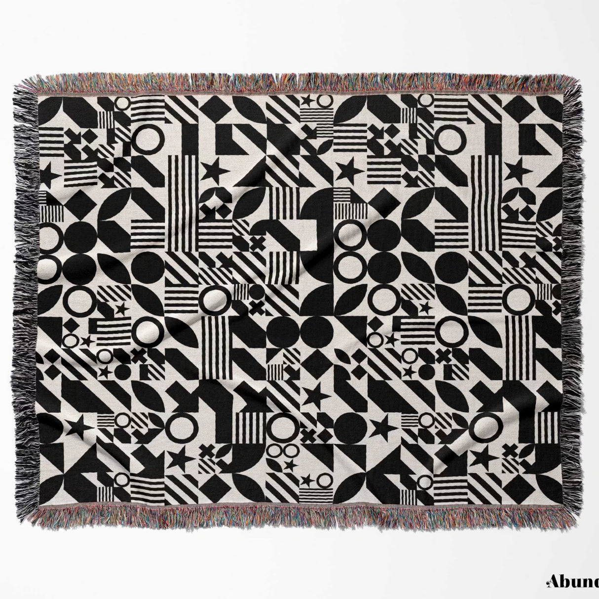 Black and white classical checker board pattern woven blanket throw full view on a white background.