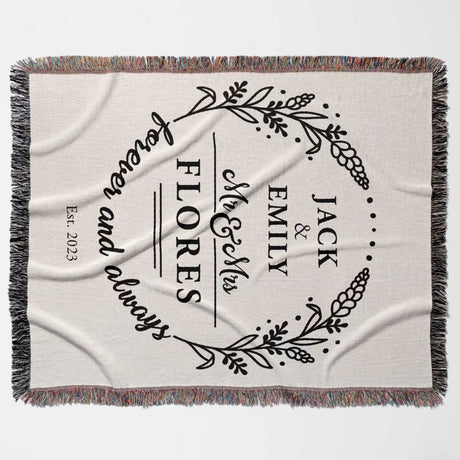Cotton wedding anniversary gift for him woven throw blanket with personalized text and design on a white background
