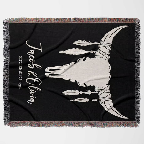 Cow skull wedding 2nd anniversary gift woven throw blanket with white bull design and custom text 'Hitched Since 2023' on a white background