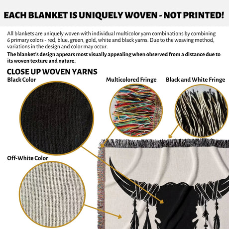 Product description of cow skull wedding cotton anniversary gift woven throw blanket with close-up details and color options.