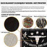 Text and close-up images of woven yarns on a cow skull and boots 2nd anniversary gift woven throw blanket with branding details.