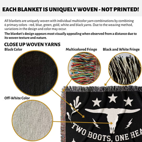 Text and close-up images of woven yarns on a cow skull and boots 2nd anniversary gift woven throw blanket with branding details.