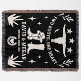 Cow skull and boots 2nd anniversary gift woven throw blanket flat lay with white graphics and text, featuring cowboy boots and stars, on a white background.