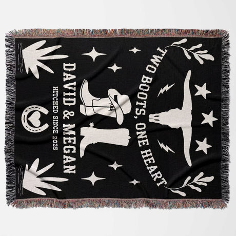Cow skull and boots 2nd anniversary gift woven throw blanket flat lay with white graphics and text, featuring cowboy boots and stars, on a white background.