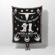 Cow skull and boots 2nd anniversary gift woven throw blanket with white text and graphics, including boots and a skull, held by a person on a white background.
