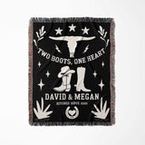 Cow skull and boots 2nd anniversary gift woven throw blanket full view with white graphics and text on a white background