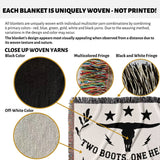 Text and images explaining cow skull and boots cotton anniversary gift woven throw blanket blanket with close-up details of yarns and fringes.
