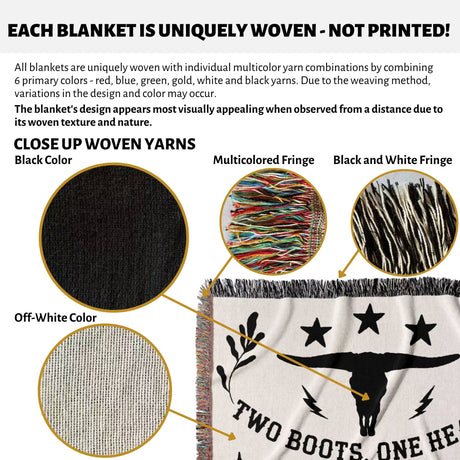Text and images explaining cow skull and boots cotton anniversary gift woven throw blanket blanket with close-up details of yarns and fringes.