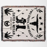 Cow skull and boots cotton anniversary gift woven throw blanket blanket flat lay with black graphics and text on a white background