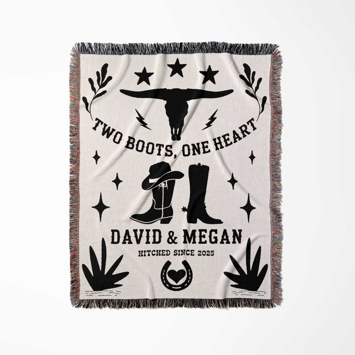 Cow skull and boots cotton anniversary gift woven throw blanket blanket full view with cowboy-themed design and text on a white background