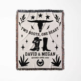 Cow skull and boots cotton anniversary gift woven throw blanket blanket full view with cowboy-themed design and text on a white background