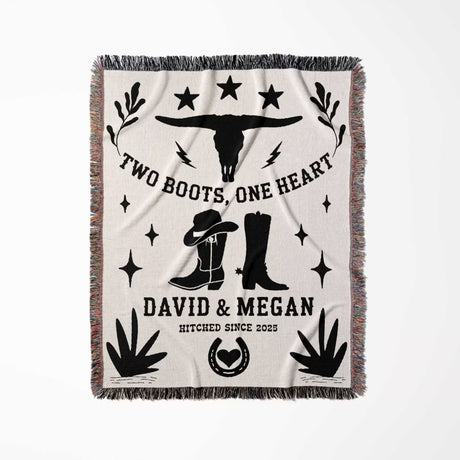 Cow skull and boots cotton anniversary gift woven throw blanket blanket full view with cowboy-themed design and text on a white background